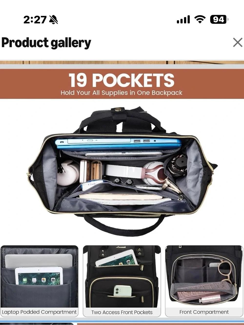 Lovevook Black Backpack with Gold Zipper Accents